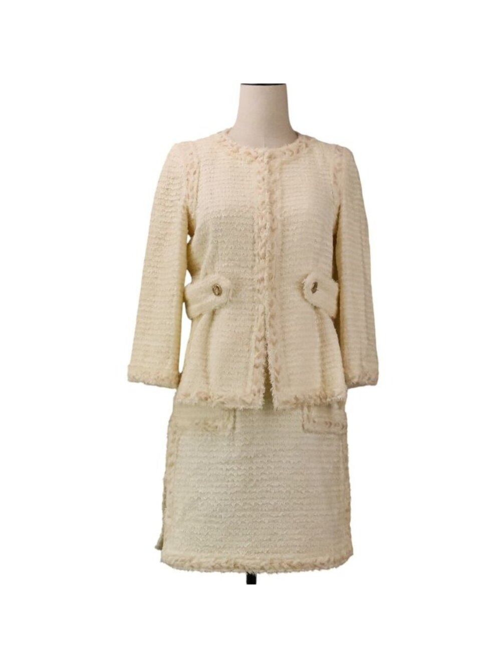 Chanel 10P Tweed Jacket Skirt Set 36 Beige